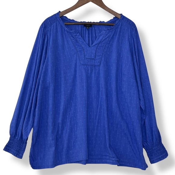 Talbots Tops - Talbots 2X Plus Blue Textured Smocked Blouse Cotton Viscose Coastal Swiss Dot